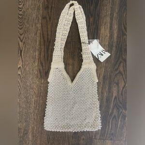 Zara beaded Crocheted Bag with Silver Metal Studs . Double handle, NWT